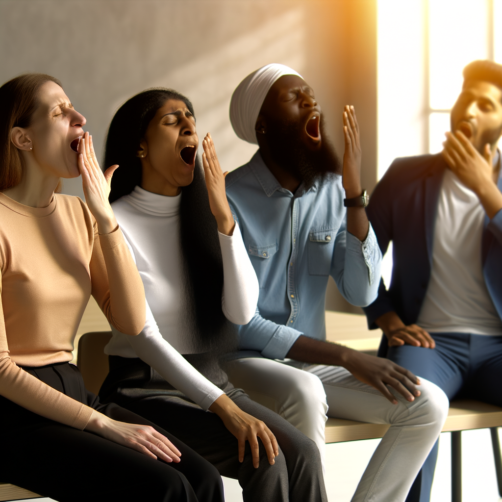 Illustration of diverse people yawning together in a cozy room, symbolizing social interaction.