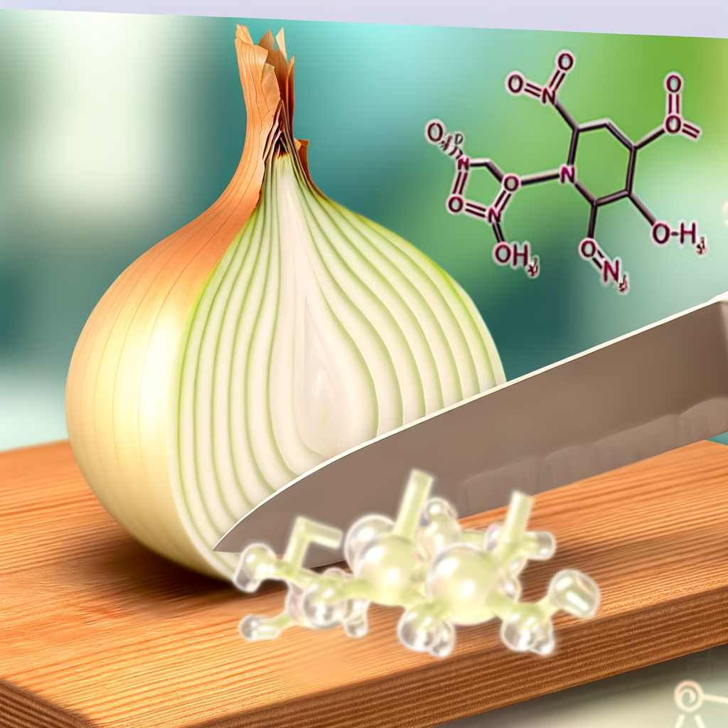 Illustration depicting the cutting of an onion with molecular structures of syn-propanethial-S-oxide and alliinase in the background.